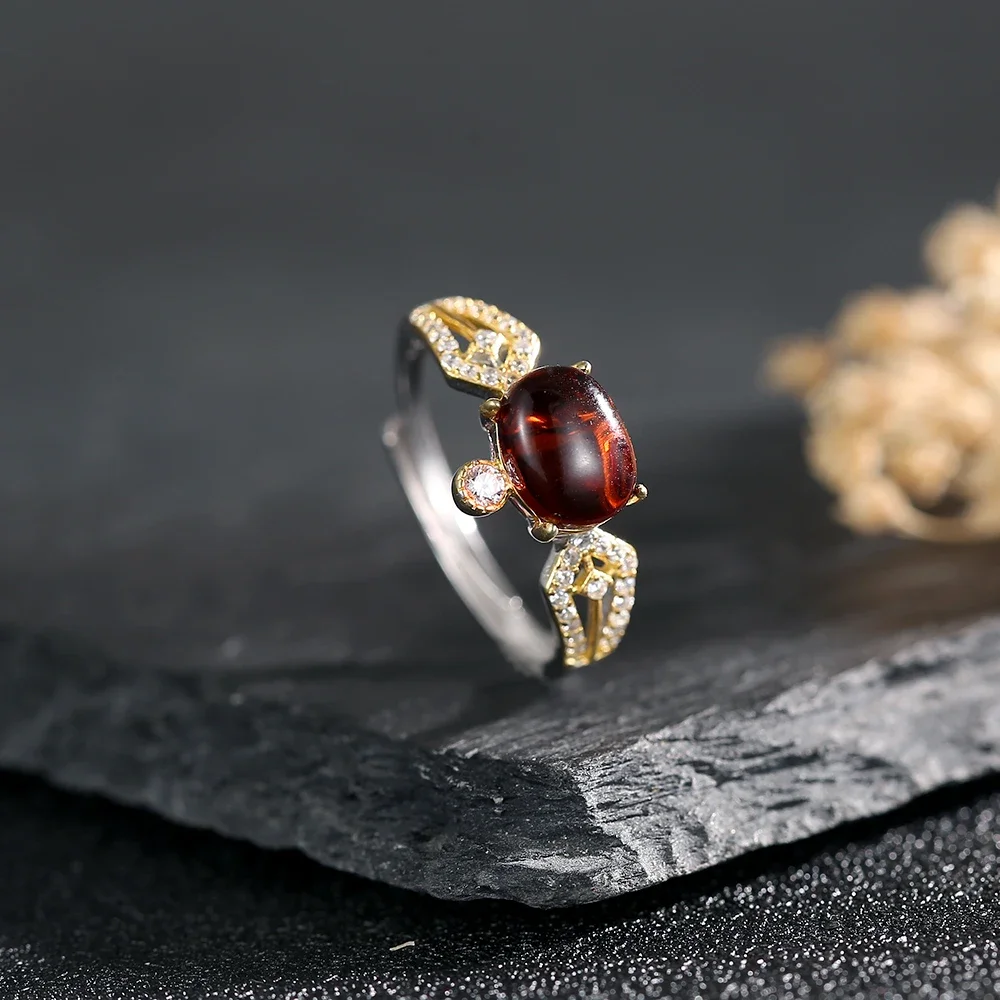 Natural Blood Amber Ring 925 Sterling Silver Adjustable Open Band for Women 8x6mm Baltic Amber Office Jewelry Gift