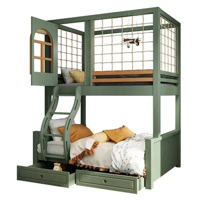 Full solid wood two layer children's bed, upper and lower bunks, double , high and low , mother , slide, high guardrail