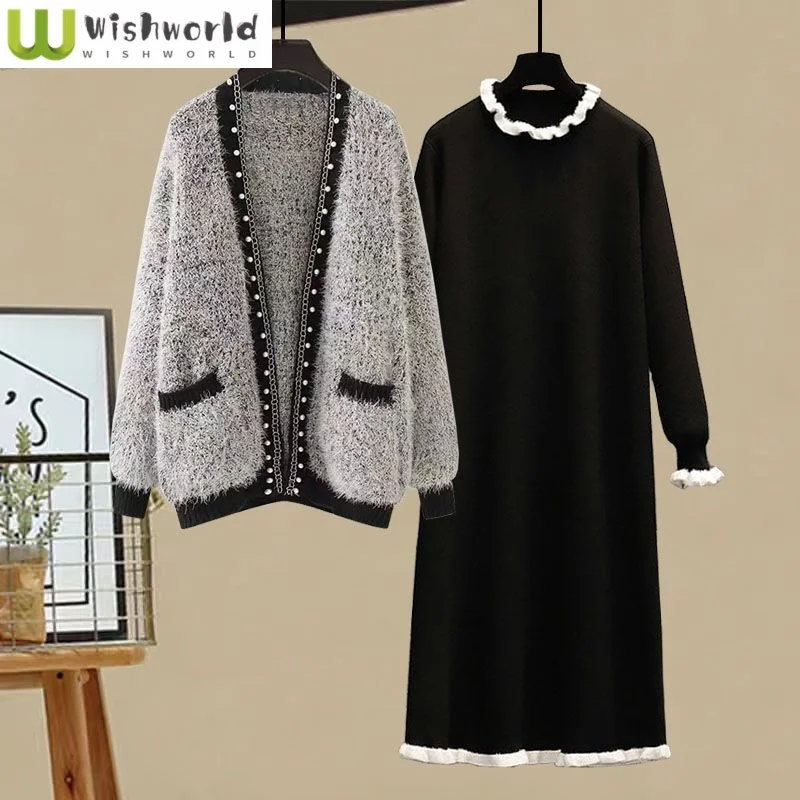 Pocket Decoration Knitted Sweater Cardigan Lace Edge Round Neck Knitted Dress Two Piece Set Elegant Women's Skirt Set Outfits