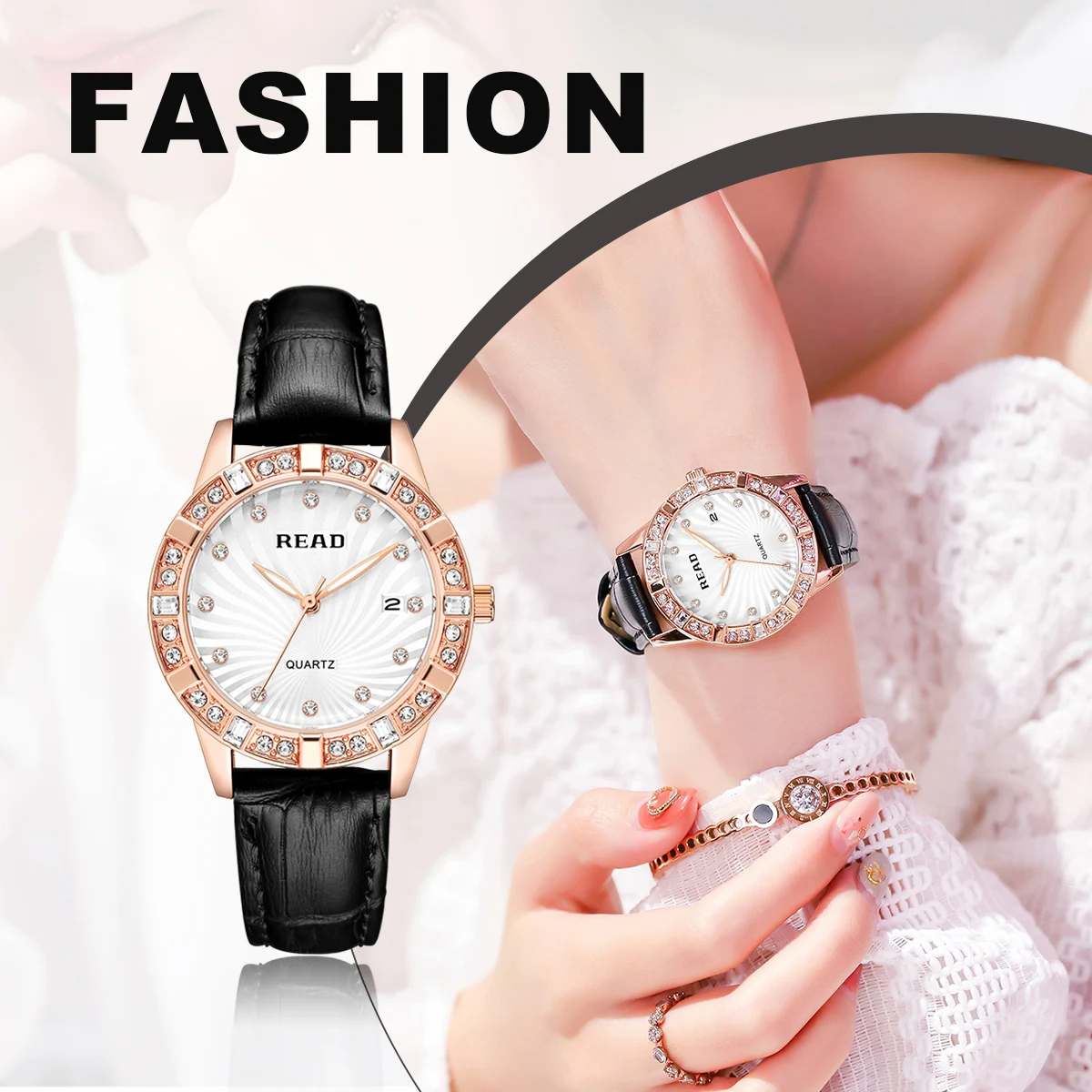 Ladies Analog Watch | Date Display Function | Ornate Bezel | Black Leather Band | Daily Water Resistant Women Casual Wrist Watch
