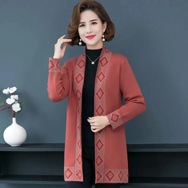 High Quality Cardigan Female Knitted Sweater Mother\'s Spring Autumn Coat Mid-Length Middle-Aged And Elderly Women\'s Sweater Shaw