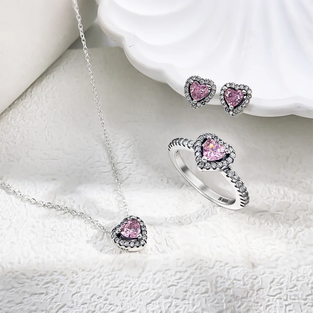 Sterling 925 Silver Pink Shiny Love Full of Diamond Zestaw biżuterii Seria Charm Pierścionek Naszyjnik Kolczyki Kobiety Wykwintny prezent jubilerski