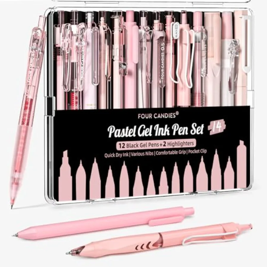

Writing Ink Pens with Black and Pink Ink and 2Pack Highlighter, Cute Retractable 0.5mm Smooth Writing Pens, Pink Pens for Schoo