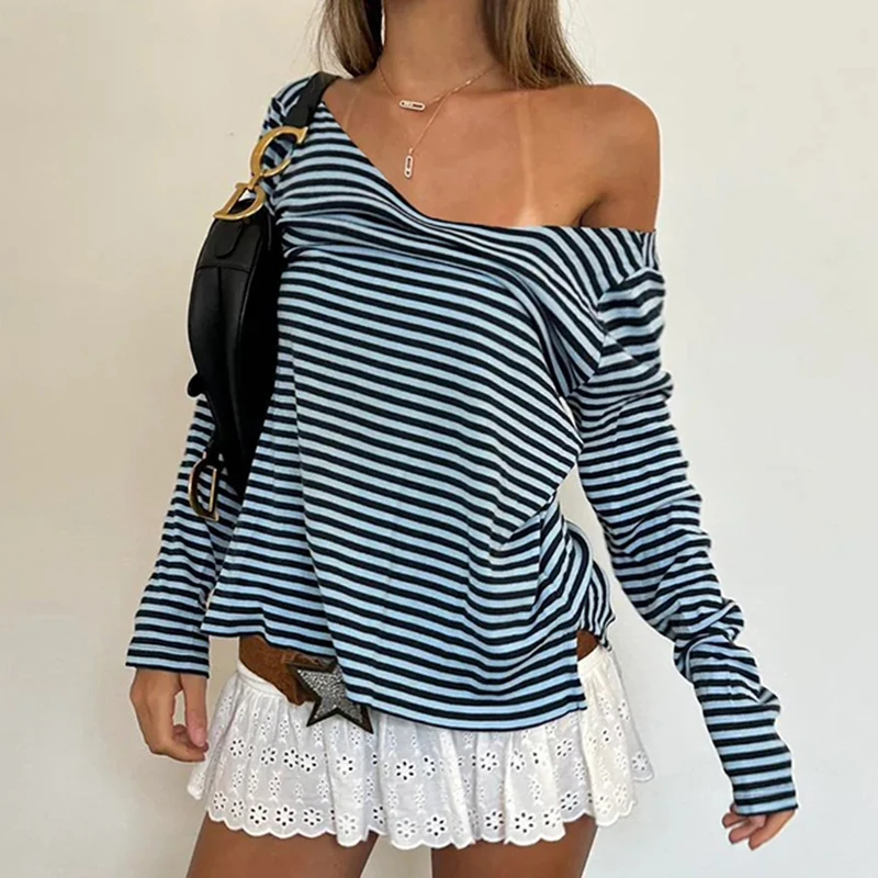 IAMHOTTY High Street Striped Top Deep V-neck Long Sleeve T-shirts Casual Basic Slim-fitting Tops Vintage Chic Elegant Tees Fall