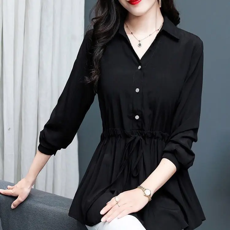 Fashion All-match Solid Color Lace Up Women\'s Blouse Casual Commute Spring Autumn Long Sleeve Shirring V-Neck Pullovers Shirt