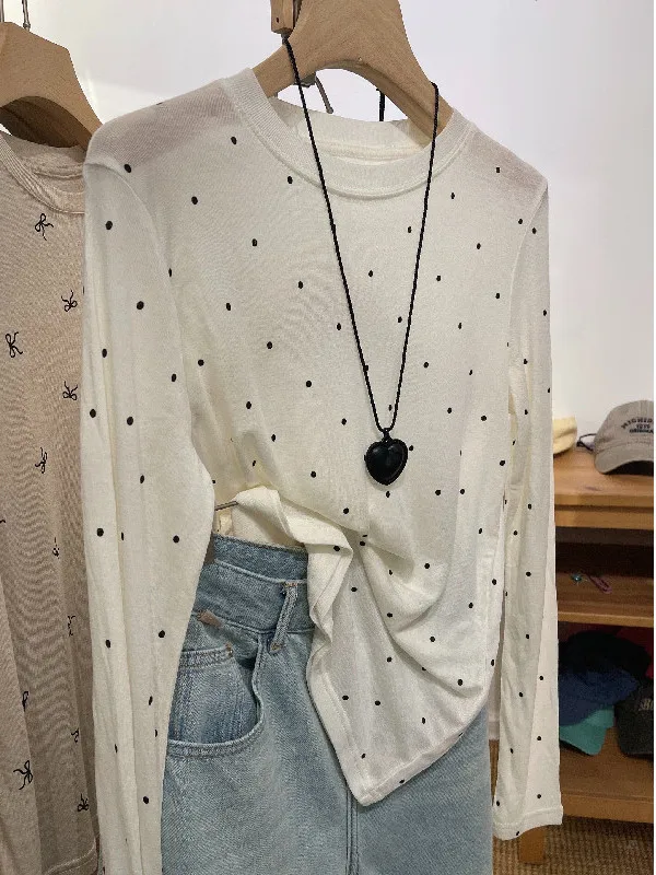 

plus Size Women's Long Sleeve T-Shirt Spring Summer Thin Transparent Polka Dot Print Base Shirt Casual Loose Fit UV Protection