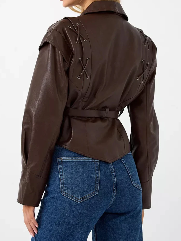 Ailegogo primavera otoño mujer Vintage ropa de calle cinturón suelto un solo botón manga larga chaqueta de piel sintética prendas de vestir