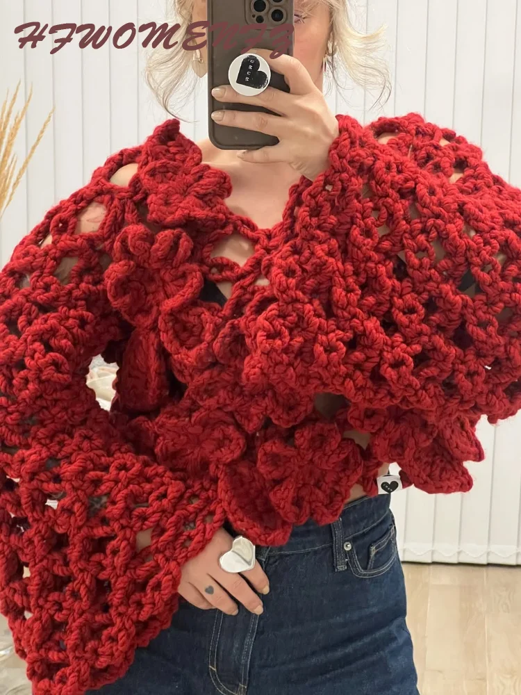 

Женский свитер с 3D цветочной вязкой, розовый, с длинными расклешенными рукавами и v-образным вырезом, женский пуловер, осень 2025, модные свободные женские свитера