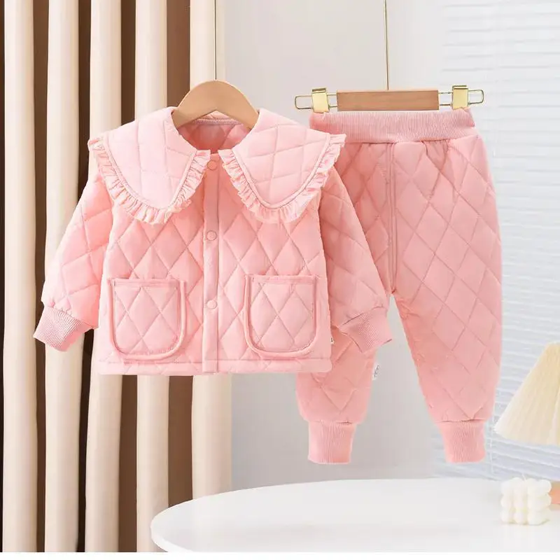 Autumn Winter Quilted Warm Suit Pure Color Casual Wear Boys Girls Tops Pants Warm Breathable Long-Sleeved Clothes Trous