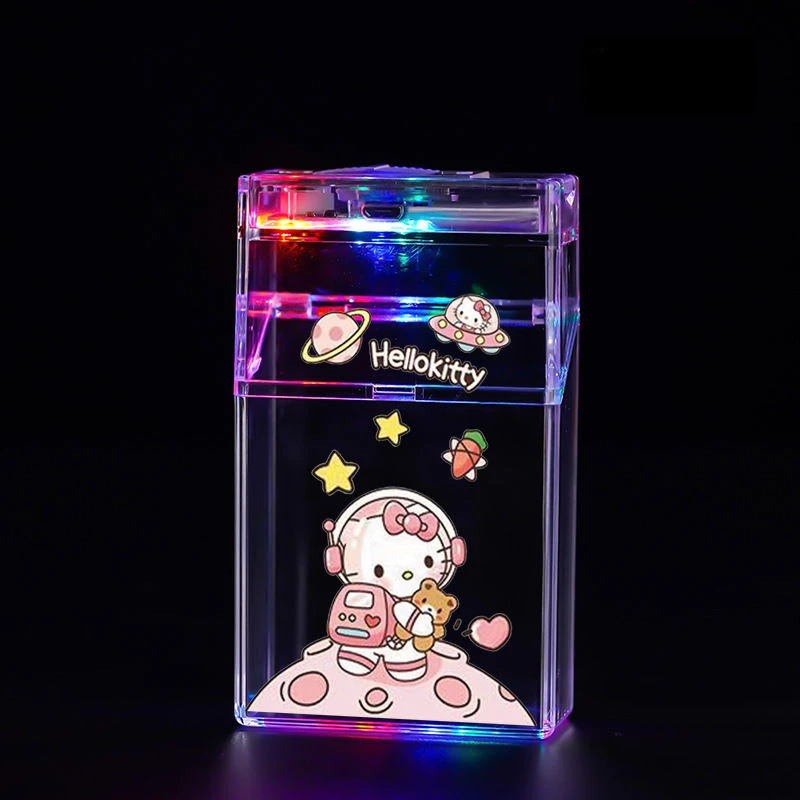 Hello Kitty Kuromi  Cinnamoroll Cute Cartoon Cigarette Case Lighter Integrated Color Light Transparent Cigarette Case Body  Pack