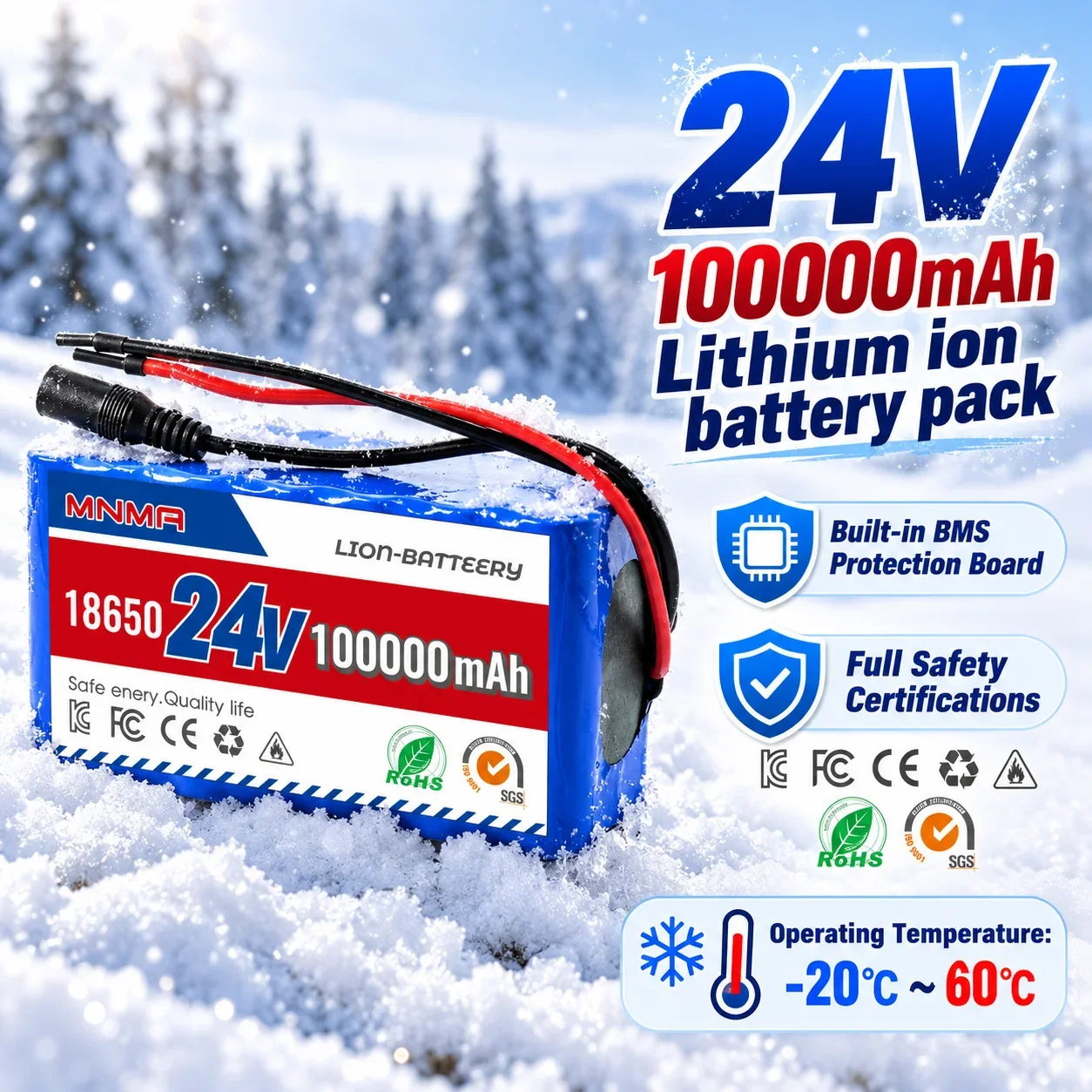 Rechargeable 24V 100Ah Li-ion Battery Pack 7S3P with 29.4V Charger, Built-in BMS for E-bike Electric Scooter Wheelchair Lighting