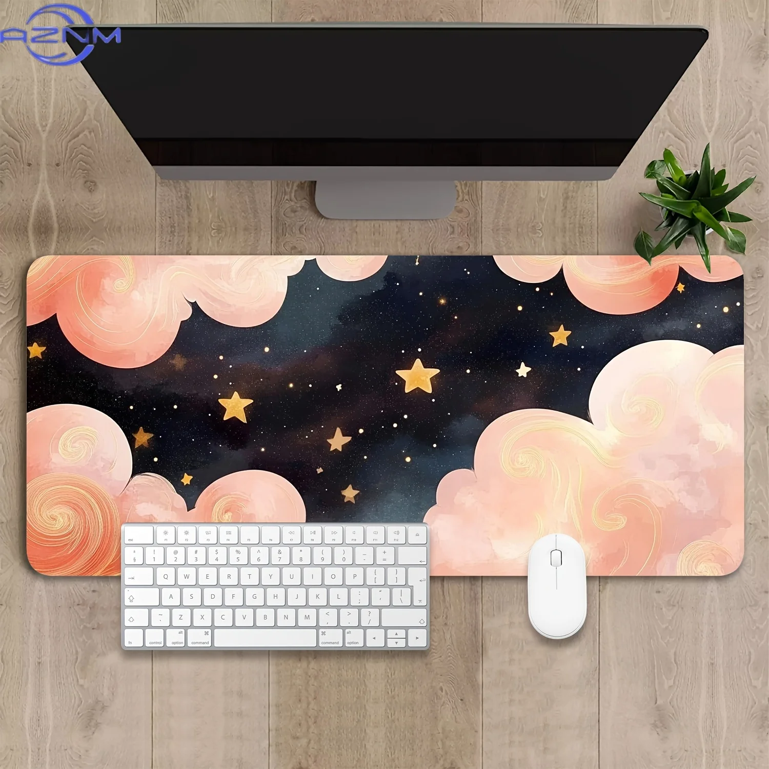 Oversized Gaming Mouse Pad & Desk Mat - Design Featuring Pink Clouds And a Starry Night Sky, with a Non-Slip Surface, Durable Re