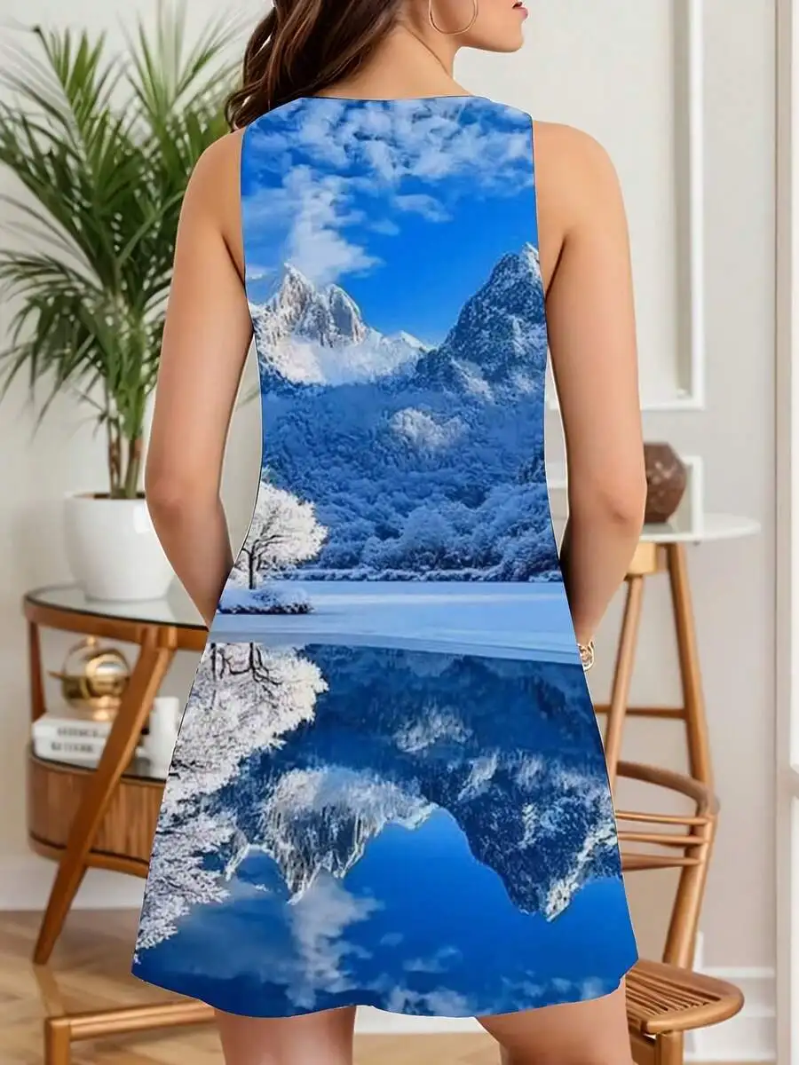 

Women Sleeveless Dress Mountain Lake Print Summer Vacation