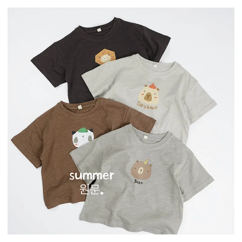 Kids Cartoon Animal Print T-shirt 4 Colors Bamboo Cotton Short Sleeve Tops for Boys Girls Summer Tee