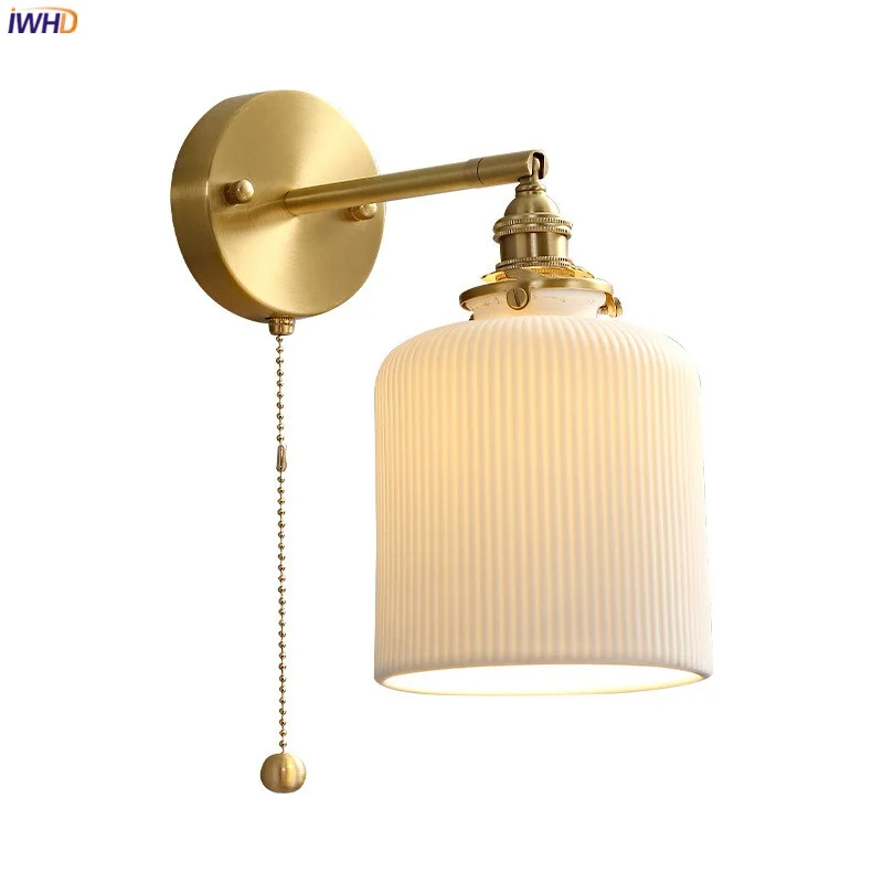 IWHD Nordic Ceramic LED Wall Light Fixtures Pull Chain Switch E14 Socket Copper Modern Beside Lamp Sconce Home Lighting Wandlamp