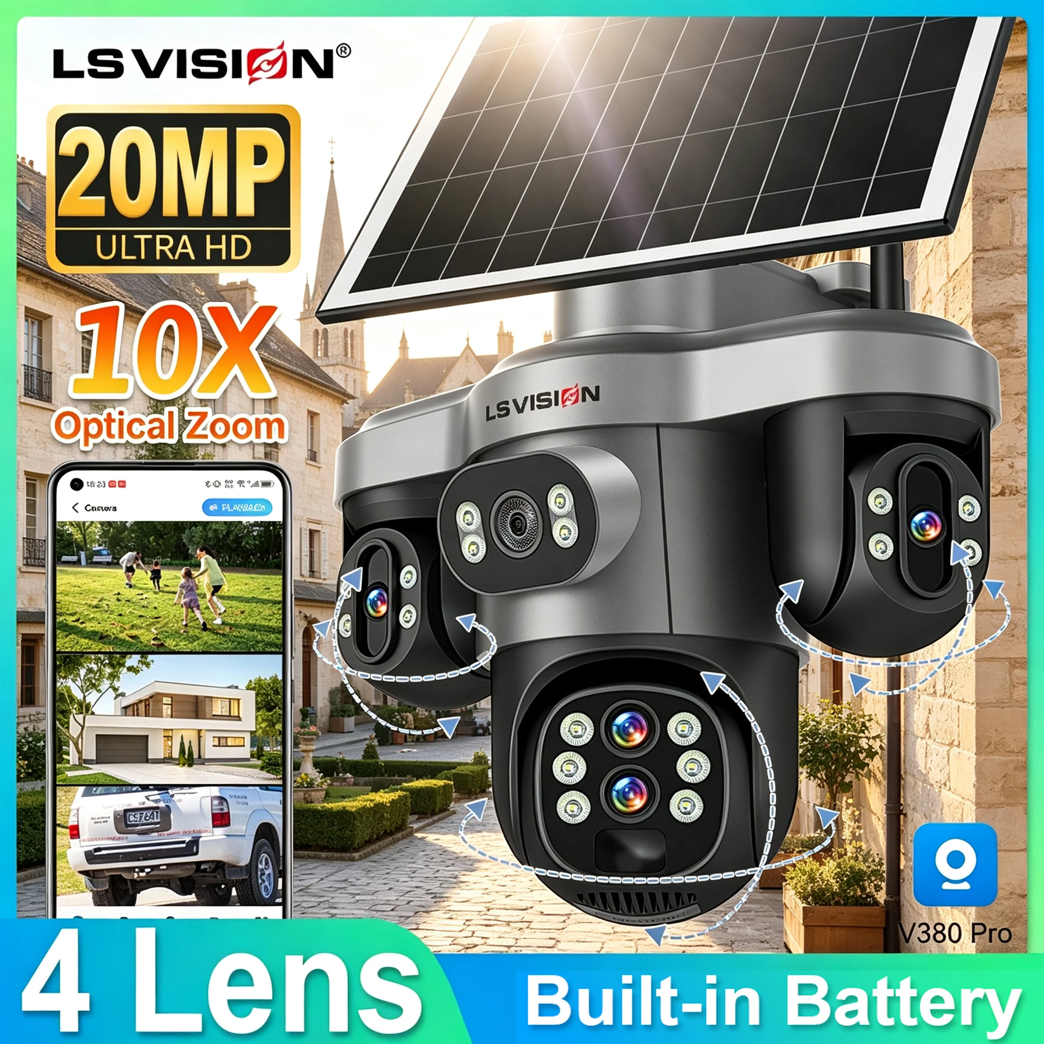 Caméra solaire LS VISION à quatre objectifs et trois écrans, zoom optique 10x, 4G/WiFi, extérieure, 15MP, batterie basse consommation, vision nocturne PIR, objectif 3PTZ, suivi automatique humanoïde, V380 Pro