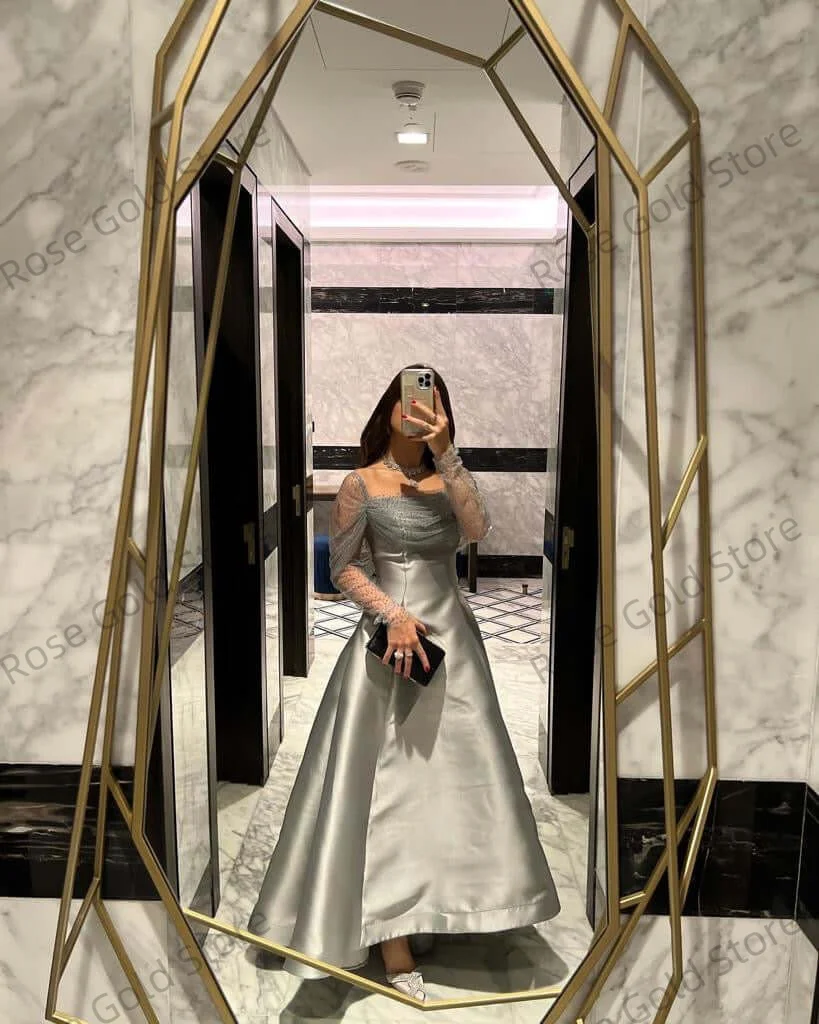 여성용 그레이 클래식 이브닝 드레스, A라인 칼라 프롬 가운, 긴 소매 맞춤형 플로어 기장 스테인 파티 드레스