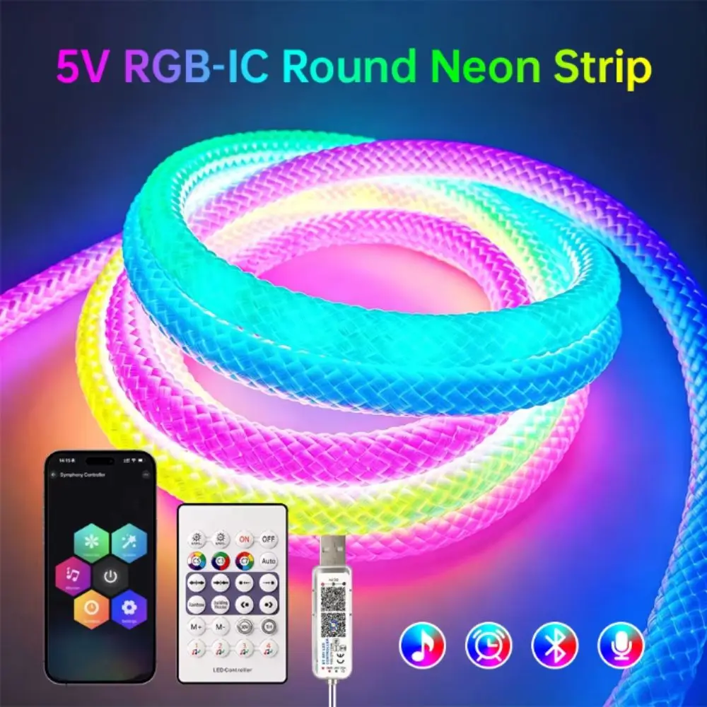 5V USB Neon Rope Light Music Sync 360 Degree Flexible Round Neon Light Dream Color Bluetooth APP Control Smart LED Strip Light
