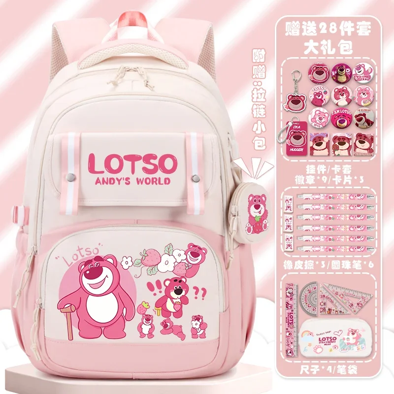 Sanrio Strawberry Bear Student Schoolbag, mochila de grande capacidade dos desenhos animados femininos, mochila macia leve, fofa, nova