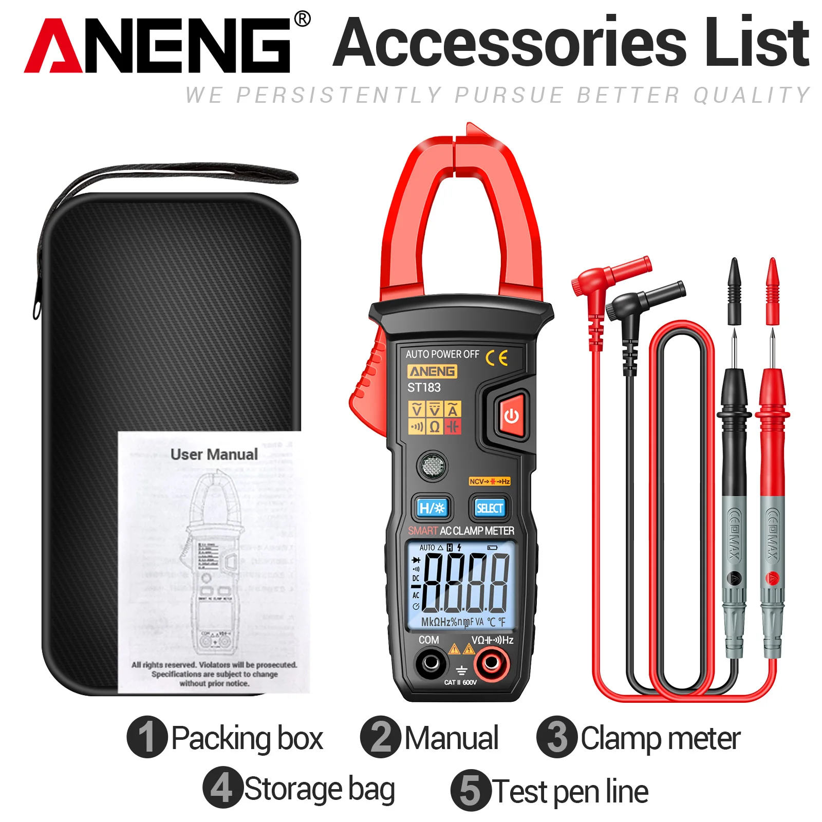 ANENG ST183 Multifunktionales Digitales Zangenamperemeter 6000 Anzeigen True RMS 600A AC/DC Strom Spannung NCV Multimeter Kondensator-Tester