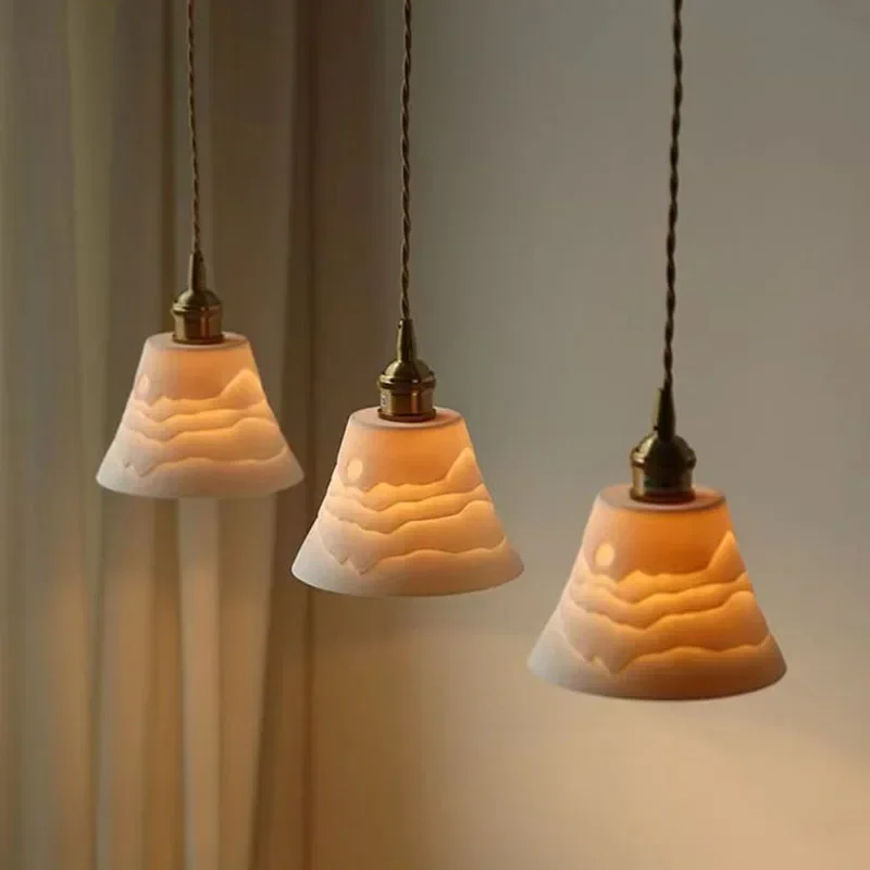 

Japanese Style Zen Ceramic Small Chandelier Homestay Living Room Bedside Lamp Mountain Shadow Bedroom Brass Led Pendant Lights