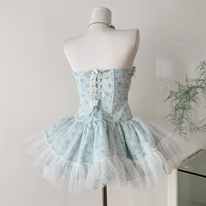 Exquisite Ballet-style Strapless Puff-sleeved Dress Sweet Sexy Birthday Dress Polka Dot Mesh Short Dress Blue White Ball Gown