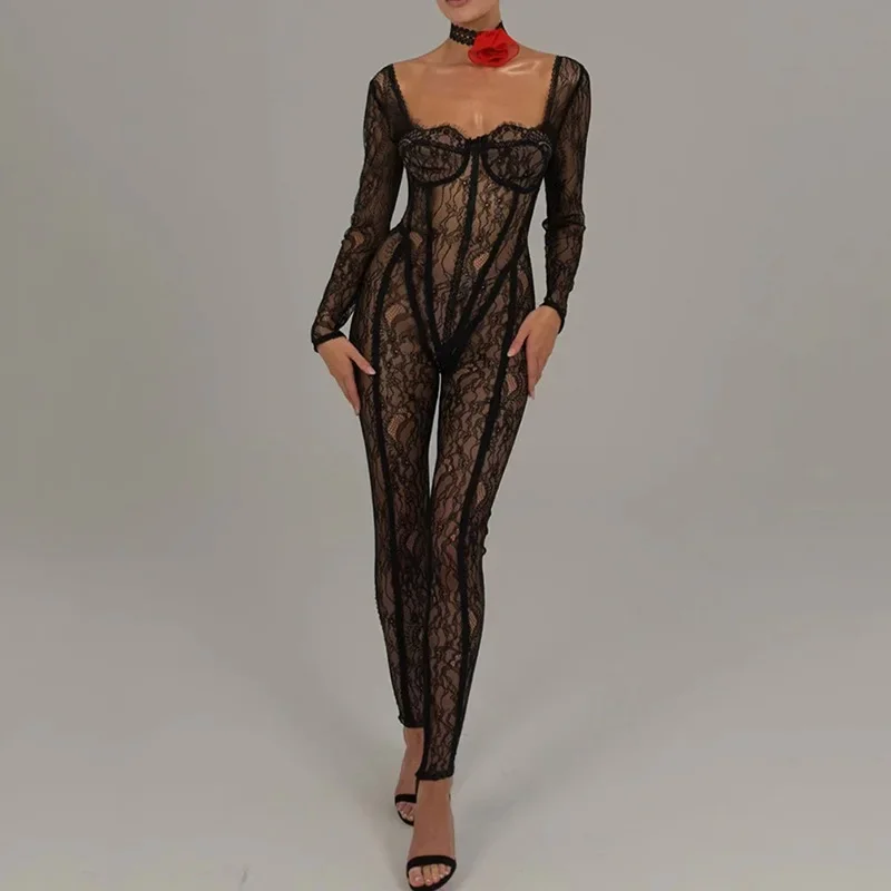 

Sheer Lace Hollow Out Sexy Jumpsuits Zip Up Backless Outfits Women Unitards Square Neck Romper Overalls One Piece