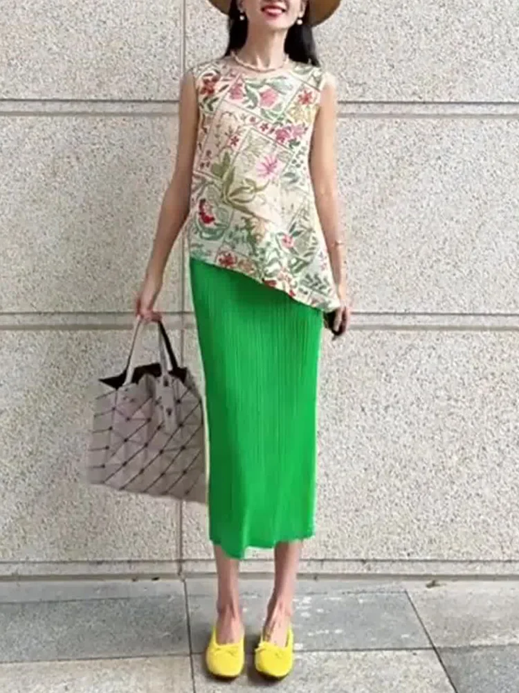 

Chic een Floral Top And Skirt Set Summer Svel Beautiful Pleated f-length Skirt Faionable Age-defng Outfit