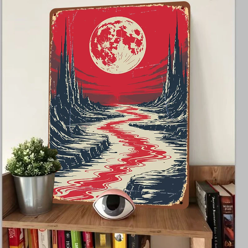 Blood Moon Mountain River Illustration Metal Tin Sign Home Decor Living Room Wall Art Hanging Ornament