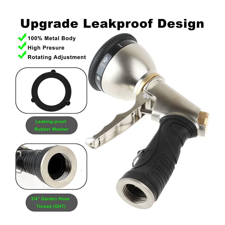 

Сверхмощный металлический распылитель воды, насадка для полива орошения для газона, садовый водяной пистолет, 9 регулируемых моделей, насадка для распыления шланга