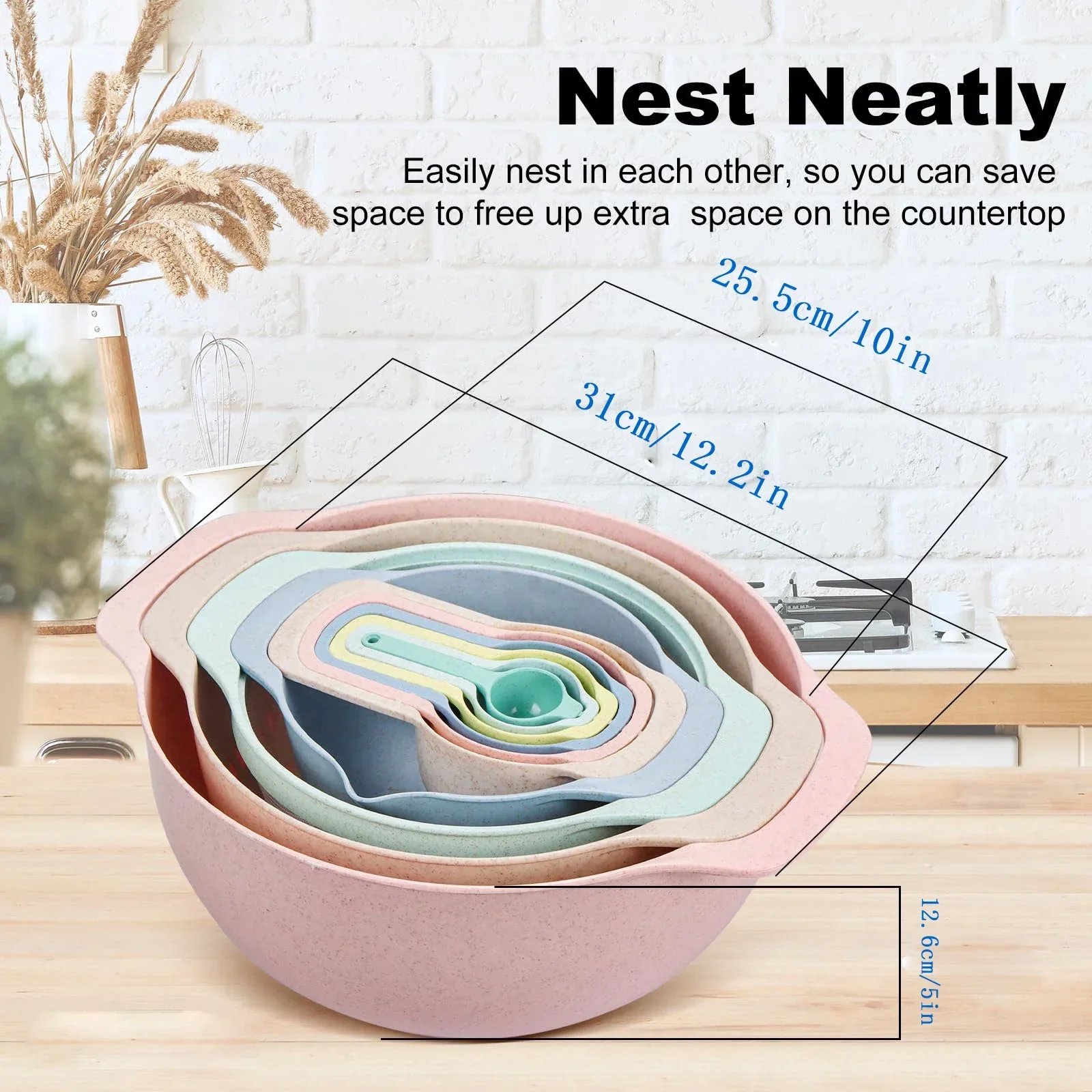 10pcs/set Plastic Mixing Nesting Bowls Set with Measuring Spoon Colorful Serving Bowls Multifunctional Colander Salad Baking Too