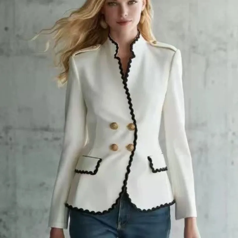 New Women's White Suit Jacket Coat Fashion Contrasting Wave Lace Stand Up Collar Double Row Gold Buttons Waist  Women Clothing