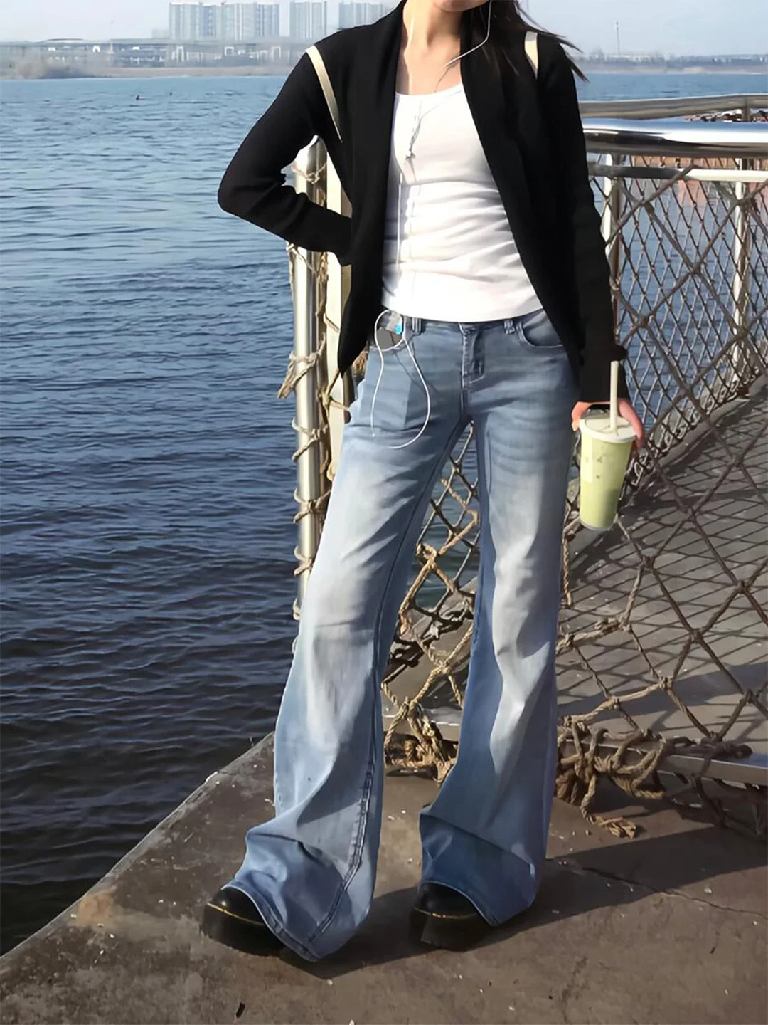 

Summer 2026 Women's Iceberg Blue Slim Fit Floor-Length Jeans Lazy Style High Waist Wide Leg Soft Denim Non-Stretchy