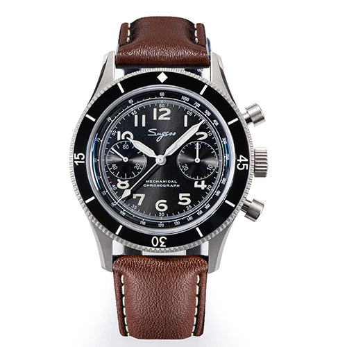 Sugess Pilot Horloge Handopwinder Chronograaf Mechanische Horloges Lichtgevende Skeleton Mannen Horloges Kristal Saffier Leer Nieuwe 2022