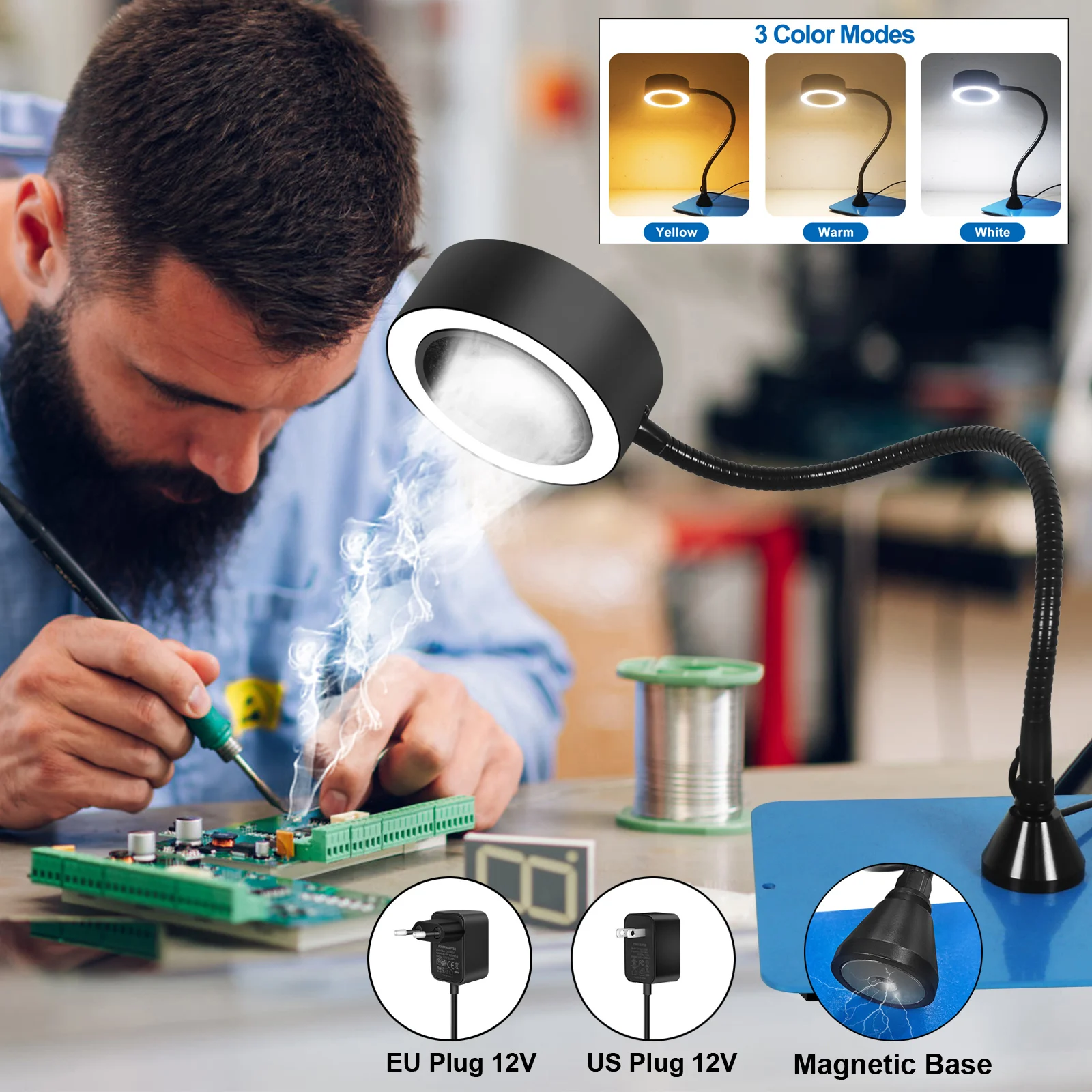 Toolour Welding Smoke Exhaust Fan Magnetic Base Soldering Smoking Device with 3pcs Activated Carbon Filtration Sponges EU/US 12V
