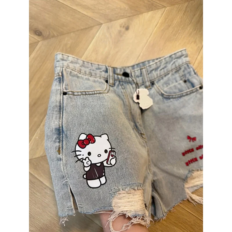 Sanrioed Anime Cartoon Hello Kittys Shorts Ins Girl Heart Kawaii Summer Ripped Three-Point Wide-Leg Jeans Holiday Gifts