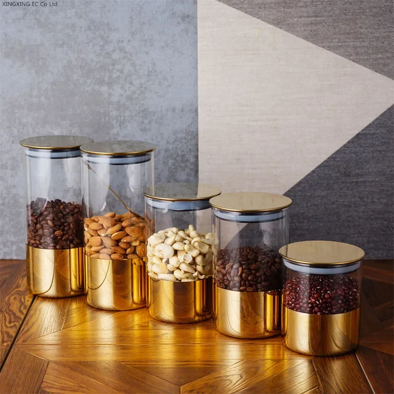 Golden Transparent Glass Bottles, Candy Jars, Household Sealed Jars with Lids, Kitchen Food Storage Jars, Coffee Beans, Tea Jars