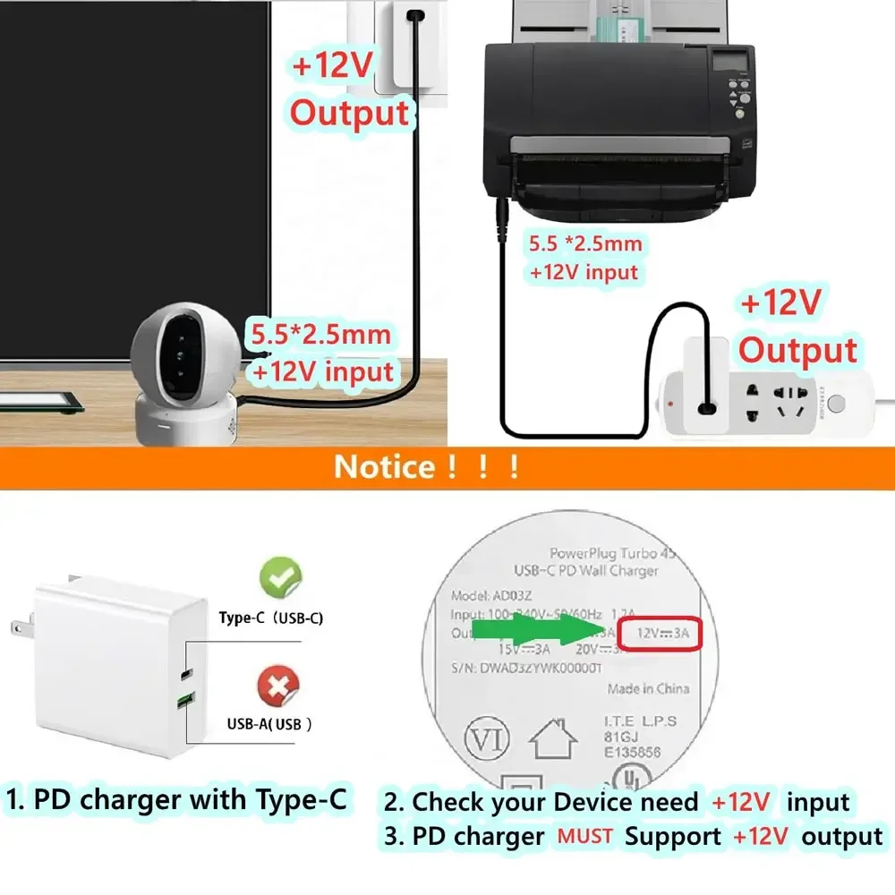 Neue 2 Dual DC zu Typ C USB C PD 12 V 3A 5,5x2,1mm 2,5 Netzteil Kabel für Wireless Router LED Streifen Lautsprecher CCTV Kamera – Detail 10