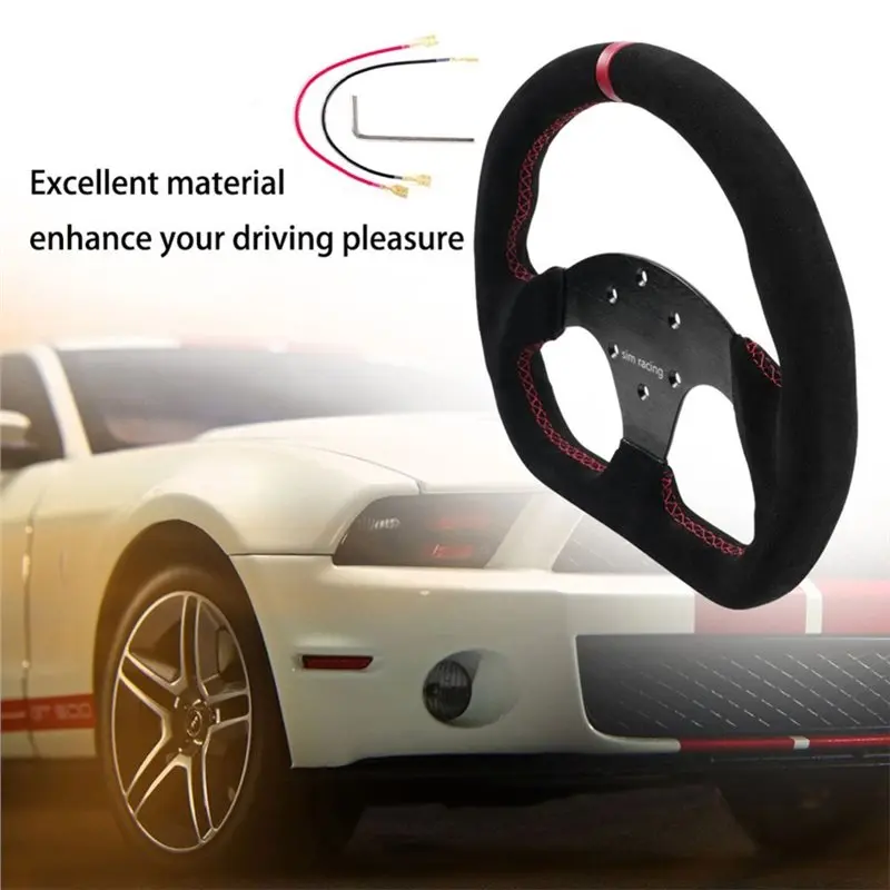 Black Flat D Shape Suede Leather Steering Wheel 325Mm/12.8Inch Universal 70Mm-PCD For Most Vehicles& Sim Racing Games-A91R