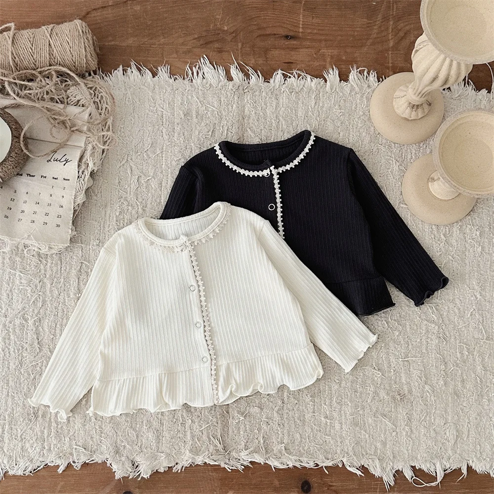 MILANCEL New Autumn Baby Solid Color Cardigan Toddler Cute Pit Strip Knit Shirt Infant Girls Thin Style Lace Knitwear