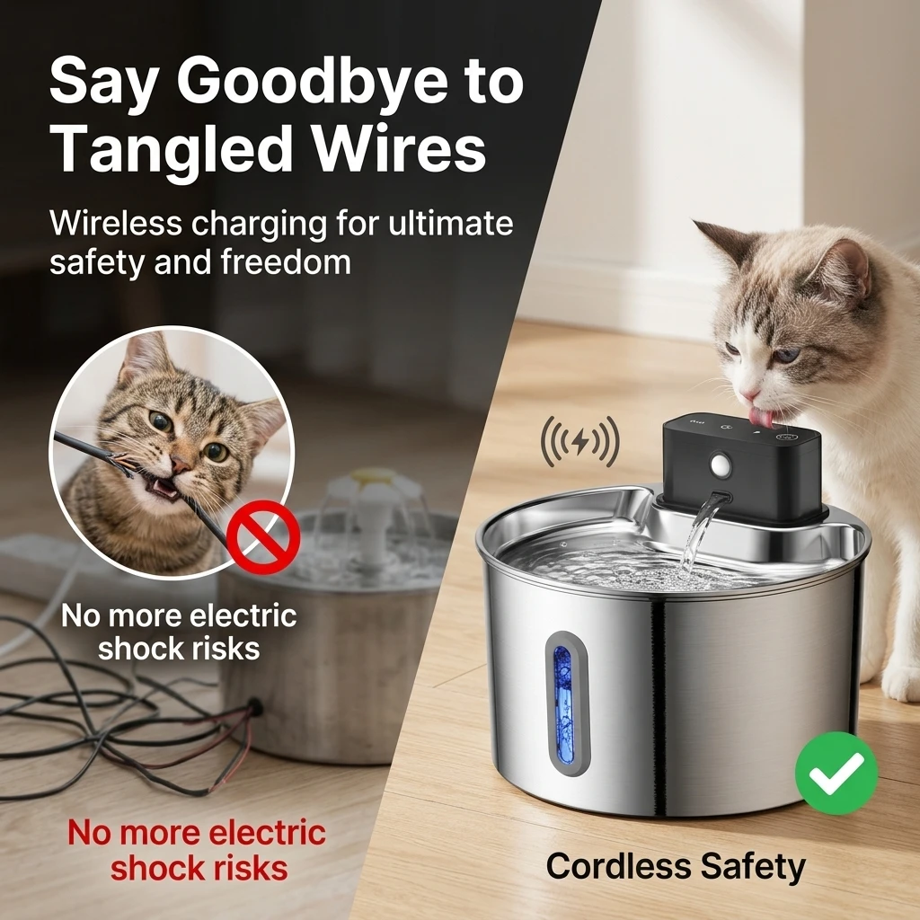Wireless charging cat water fountain, built-in 2000mAh rechargeable battery cat fountain, USB rechargeable pet water dispenser