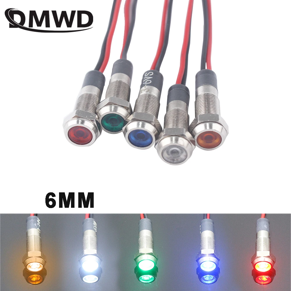 6mm LED Metall Anzeige Licht Mini Panel Mount Wasserdichte Signal Lampe Mit 2 Drähte 3V6V 12V 24V 220V Rot Gelb Blau Grün Weiß