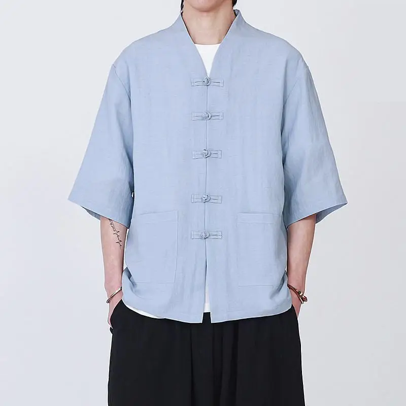 Men Collarless Shirt Frog Buttons Two Pockets Zen Style Streetwear Oversized Summer Loose Fit Casual Outerwear Gift for Man