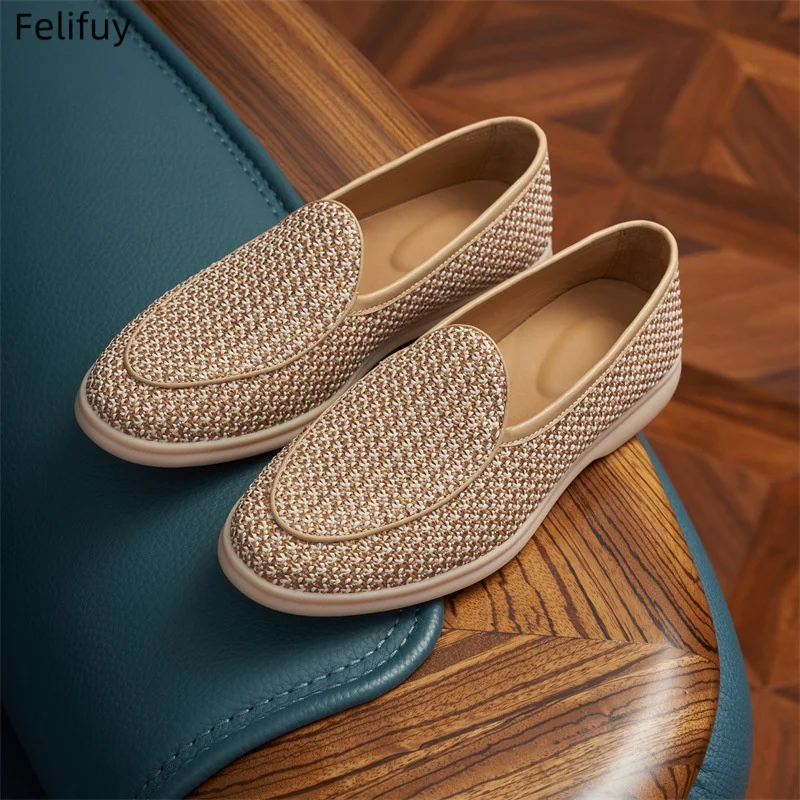 Handwoven Flax Straw Caual Shoes Men's Summer Breathable Linen Chinese Style Casual Wheat Color Genuine Leather Loafers Slip-On