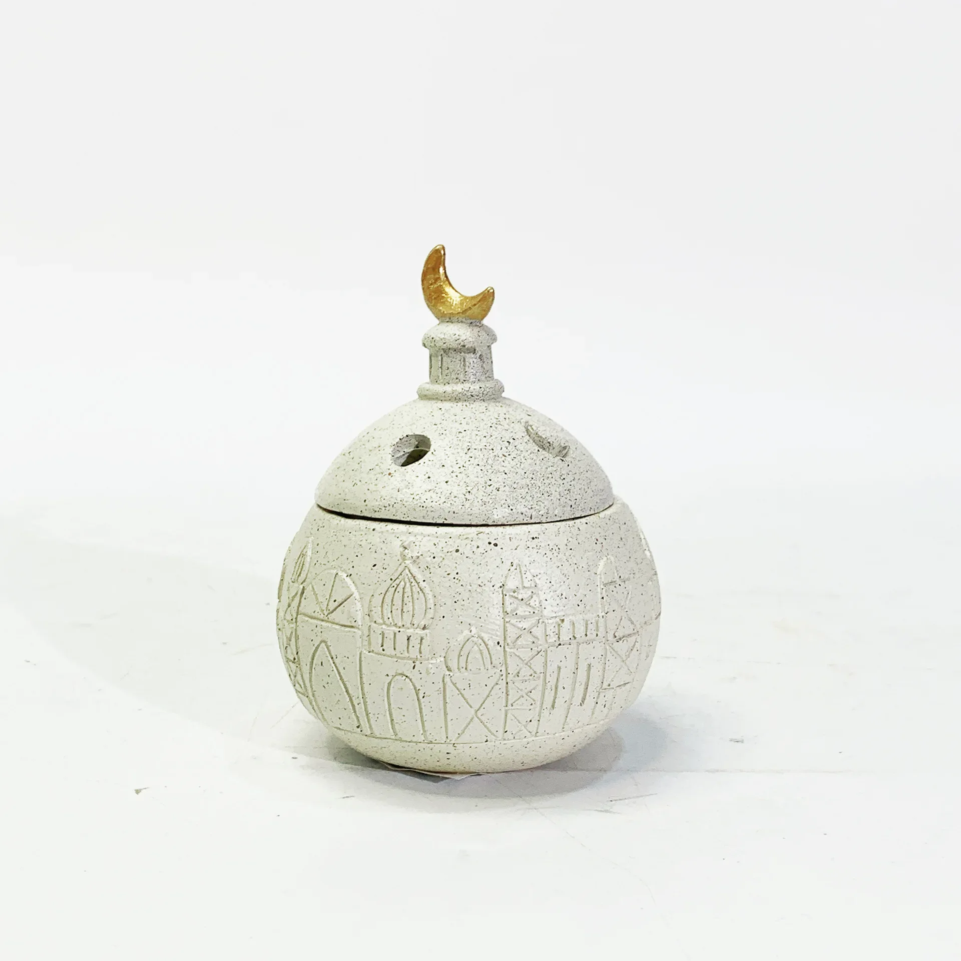 Ceramic Incense Burner White Speckled Censer Gold Moon Finial Mosque Carving Ramadan Eid Home Decor Spiritual Holder Gift