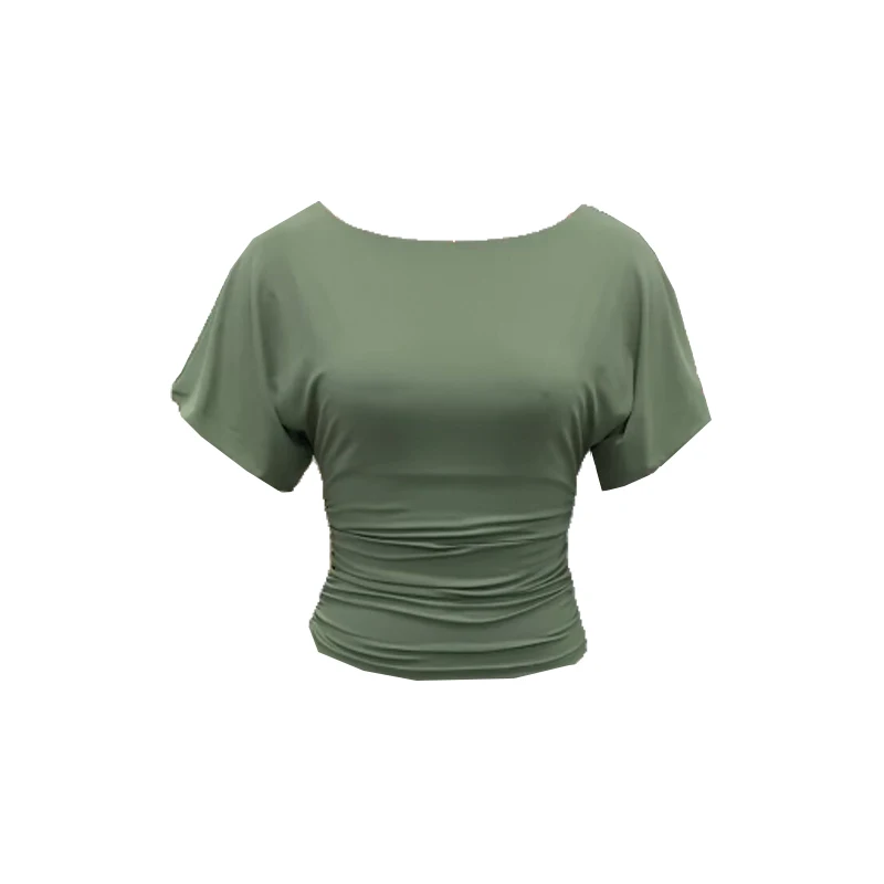 Women’s Ruched Waist Short Sleeve Top Summer Boat Neck Flutter Sleeve Solid Color Shirts Slim Fit Blouse