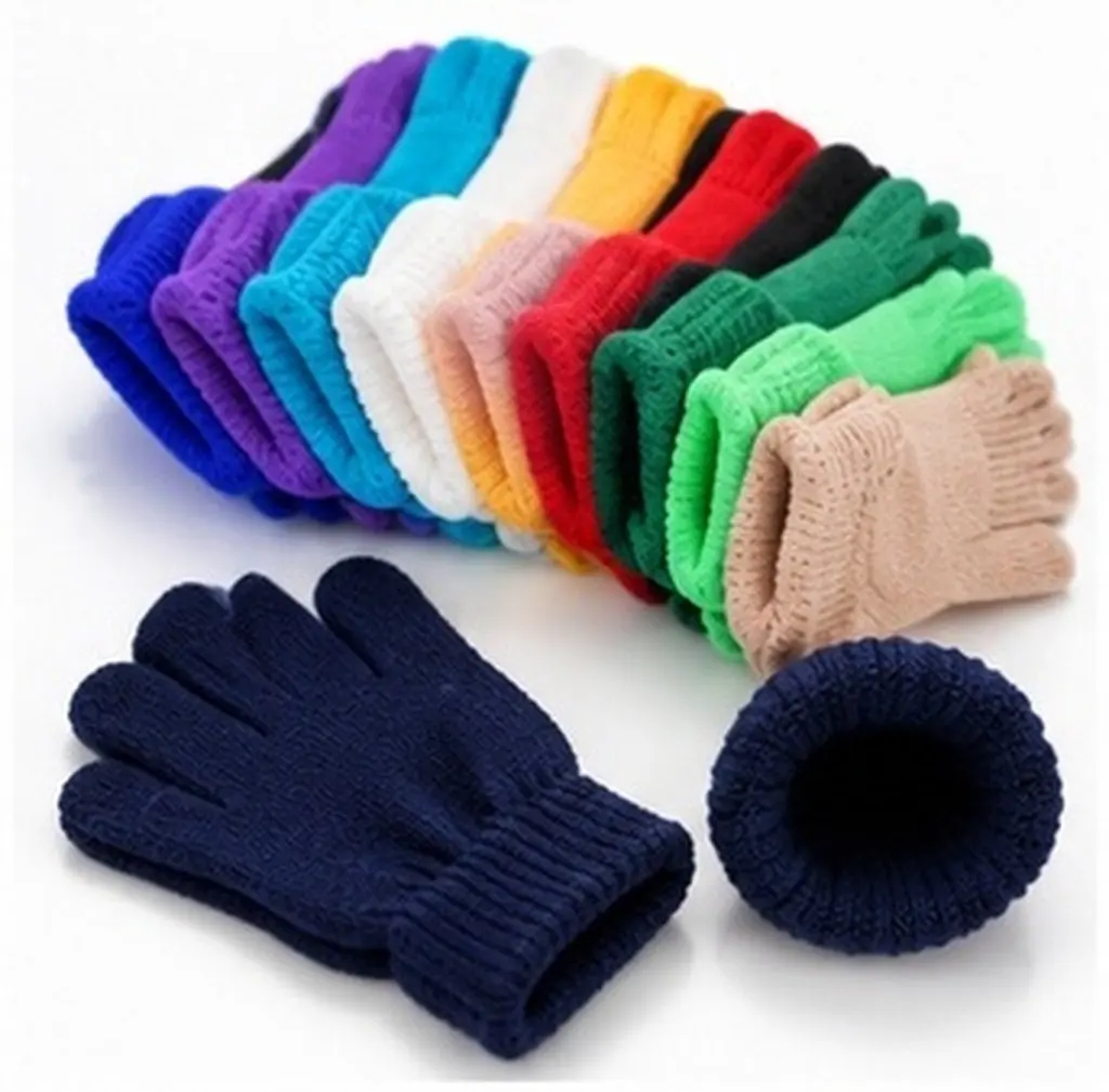 12Pairs Acrylic Gloves Children Winter Warm Solid Color Knitted Full Finger Kids Neutral Gloves Suitable Boys Girls