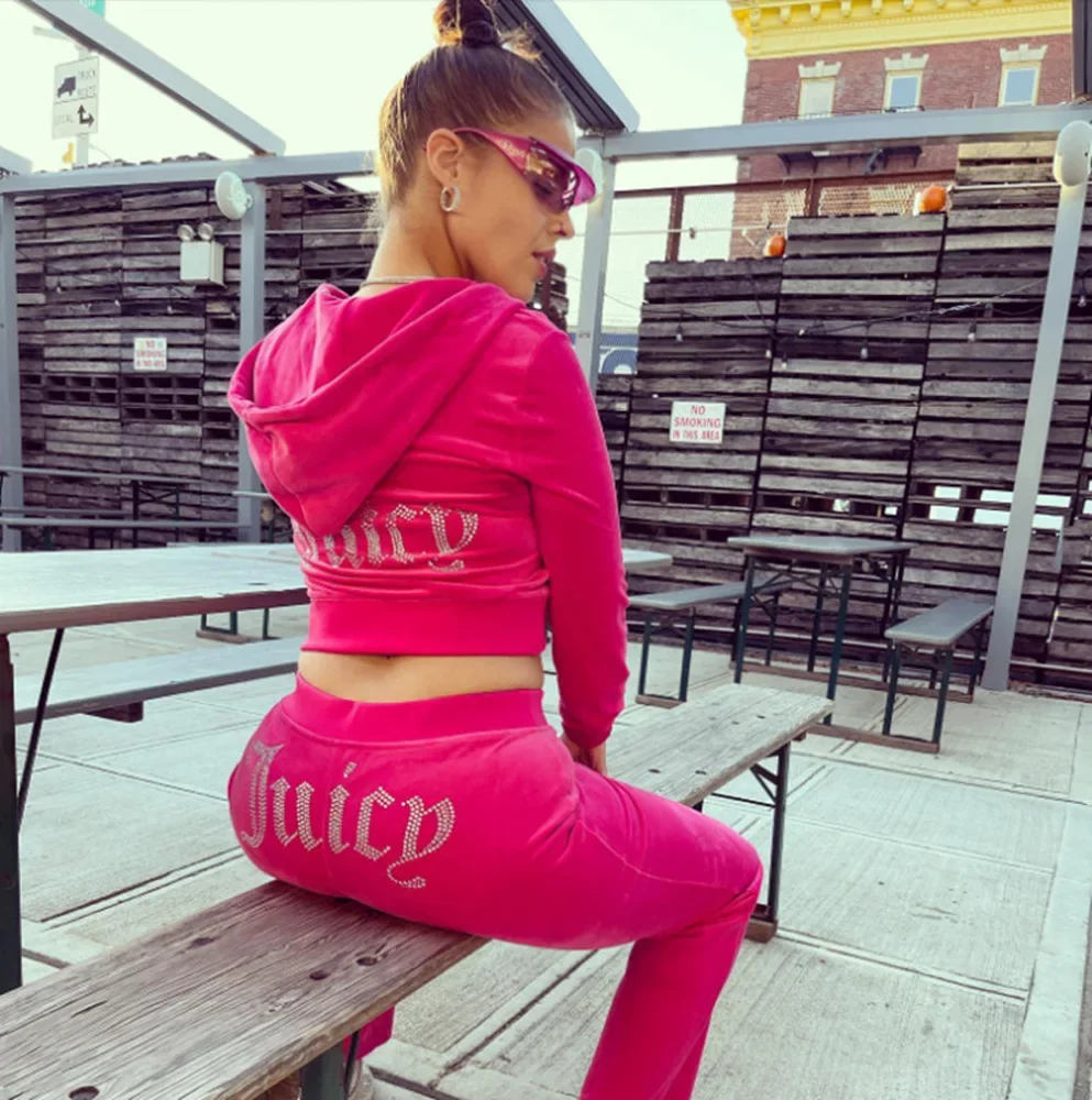 Women\'s Activewear Y2k Juicy Bling Velour Long Sleeve Hoodie Jacket+Track Pants Two Piece Fashion Diamond Logo Tracksuit