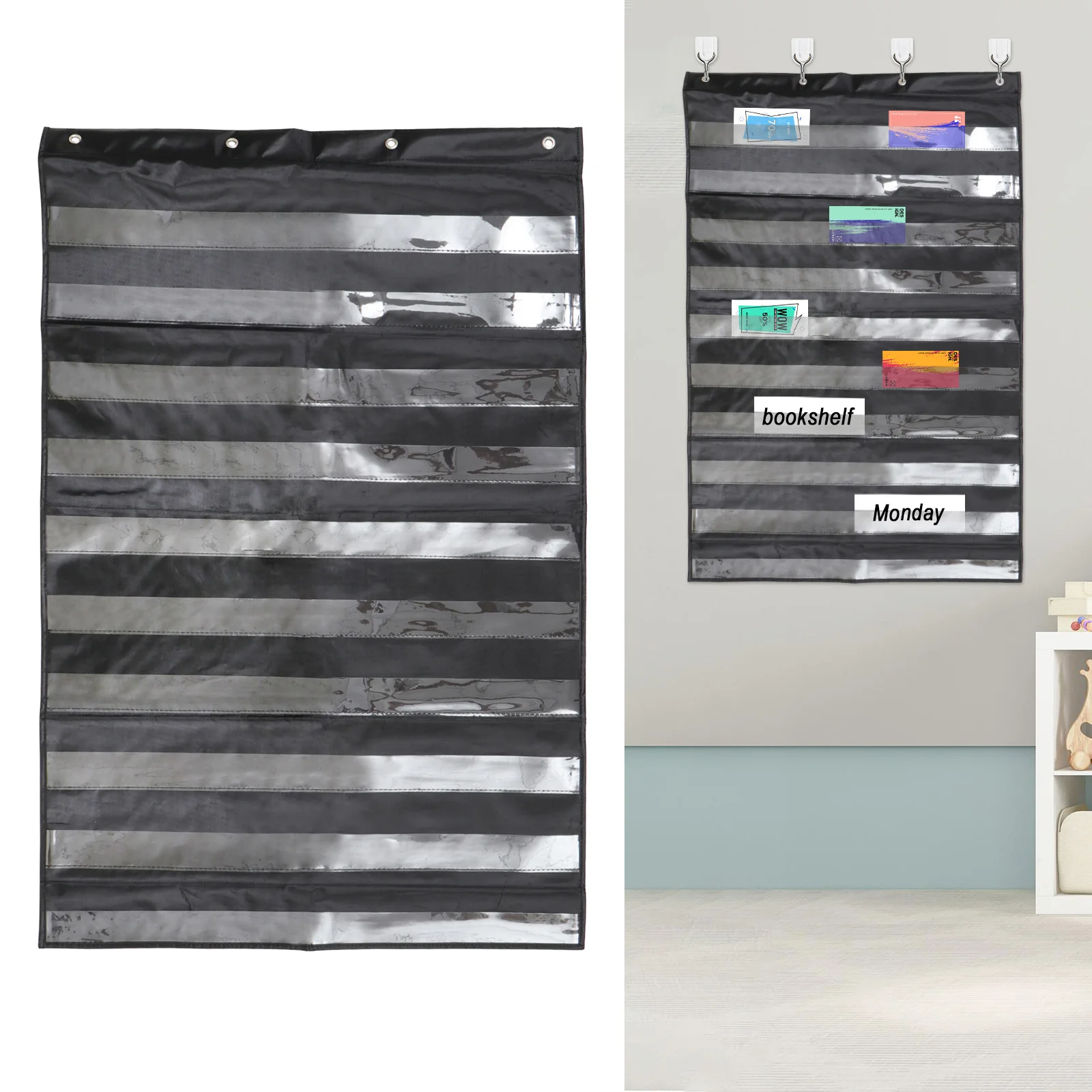 

Teaching Hanging Bag Wall Pocket Chart Transparent Stickers File Holder Paper Strip Handbag Storage Organizer Polyester Office