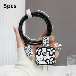 Black Flower Wave 5pcs Charging Data Cable Protector Winder Accessories For iPhone 18/20w Charger Protective Cover